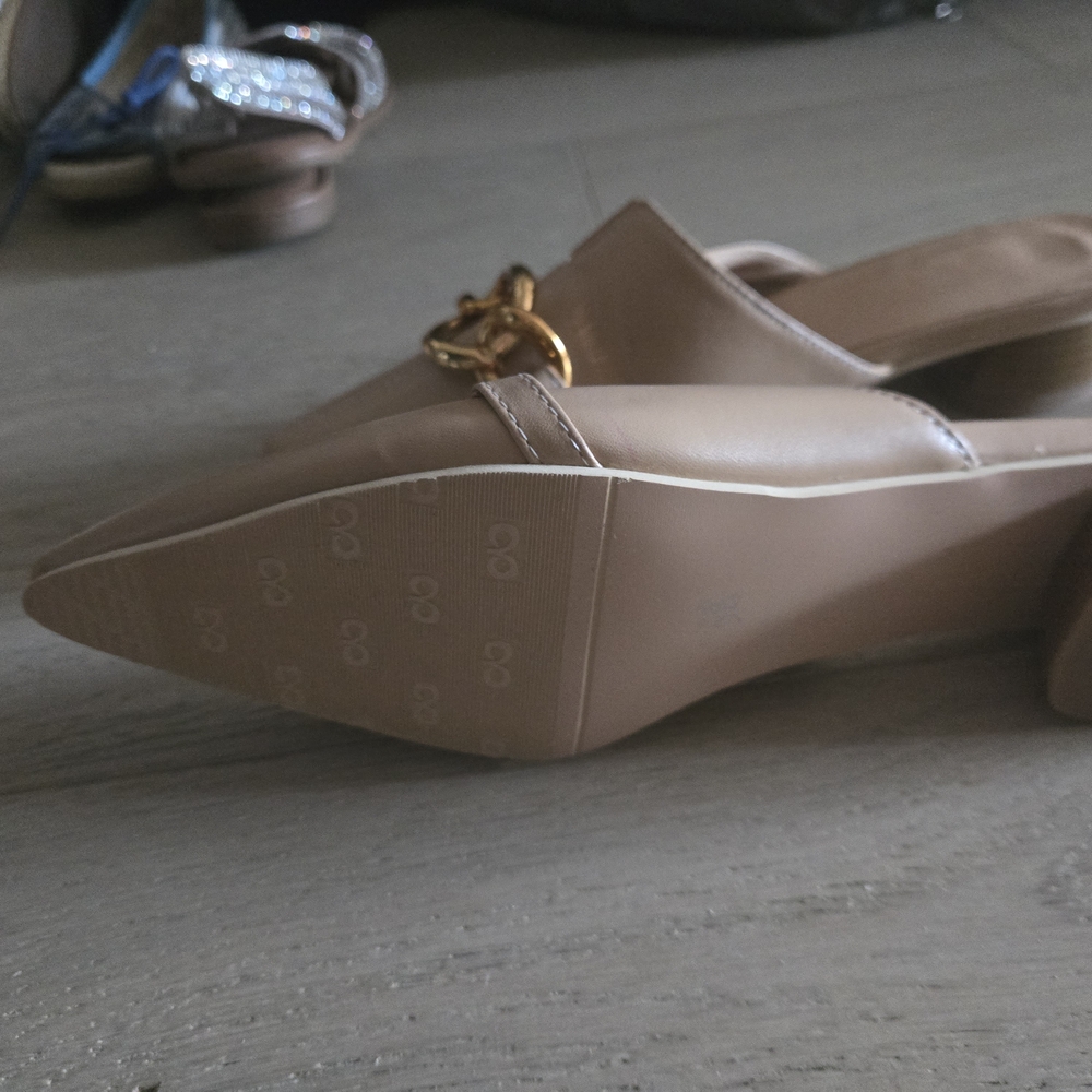 Women’s Taupe Slip-On Pointed Mules with Gold Chain - Picture 3 of 3
